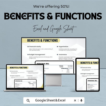 Personal Bill Sheet - Editable Excel & Google Sheet Template for Easy Expense Tracking