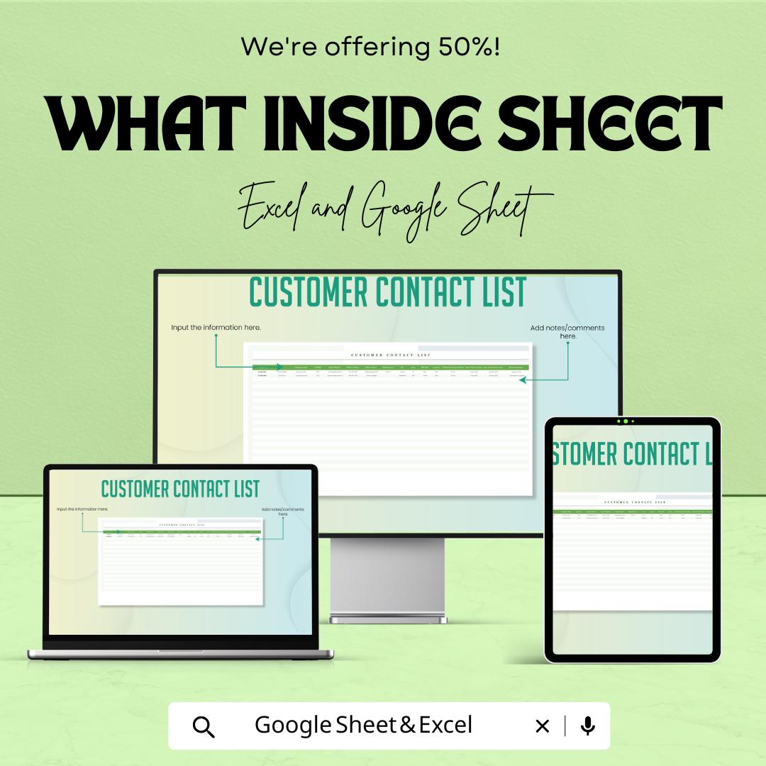 Customer Contact List Template | Client Information Tracker | CRM Spreadsheet | Business Contact Log | Customer Database