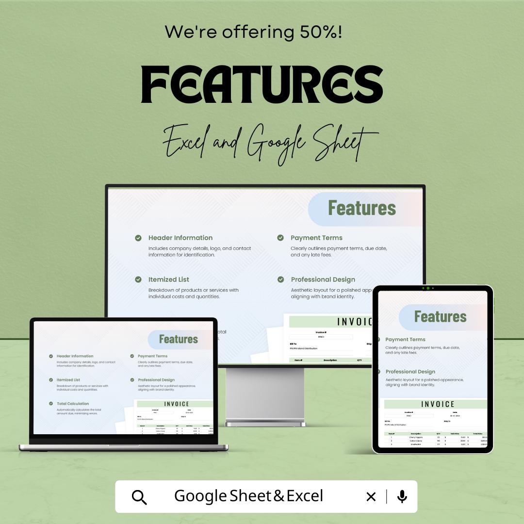 Invoice Template Sheet for Billing, Google Sheets & Excel | Professional Invoices for Small Business | Customizable Billing System