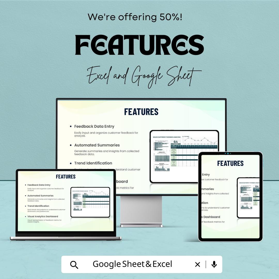 Sales Customer Feedback Analysis Spreadsheet Template | Feedback Tracker Excel & Google Sheets | Customer Insights Dashboard |