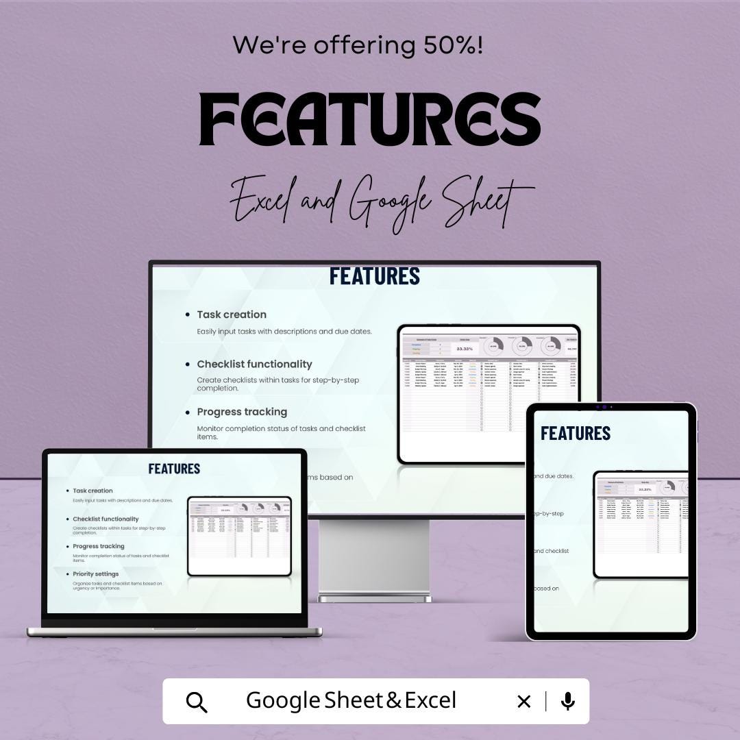 Task and Checklist Sheet - Organize Your Work Efficiently - Google Sheet Template - Task Tracker with Progress Monitor - Task Management