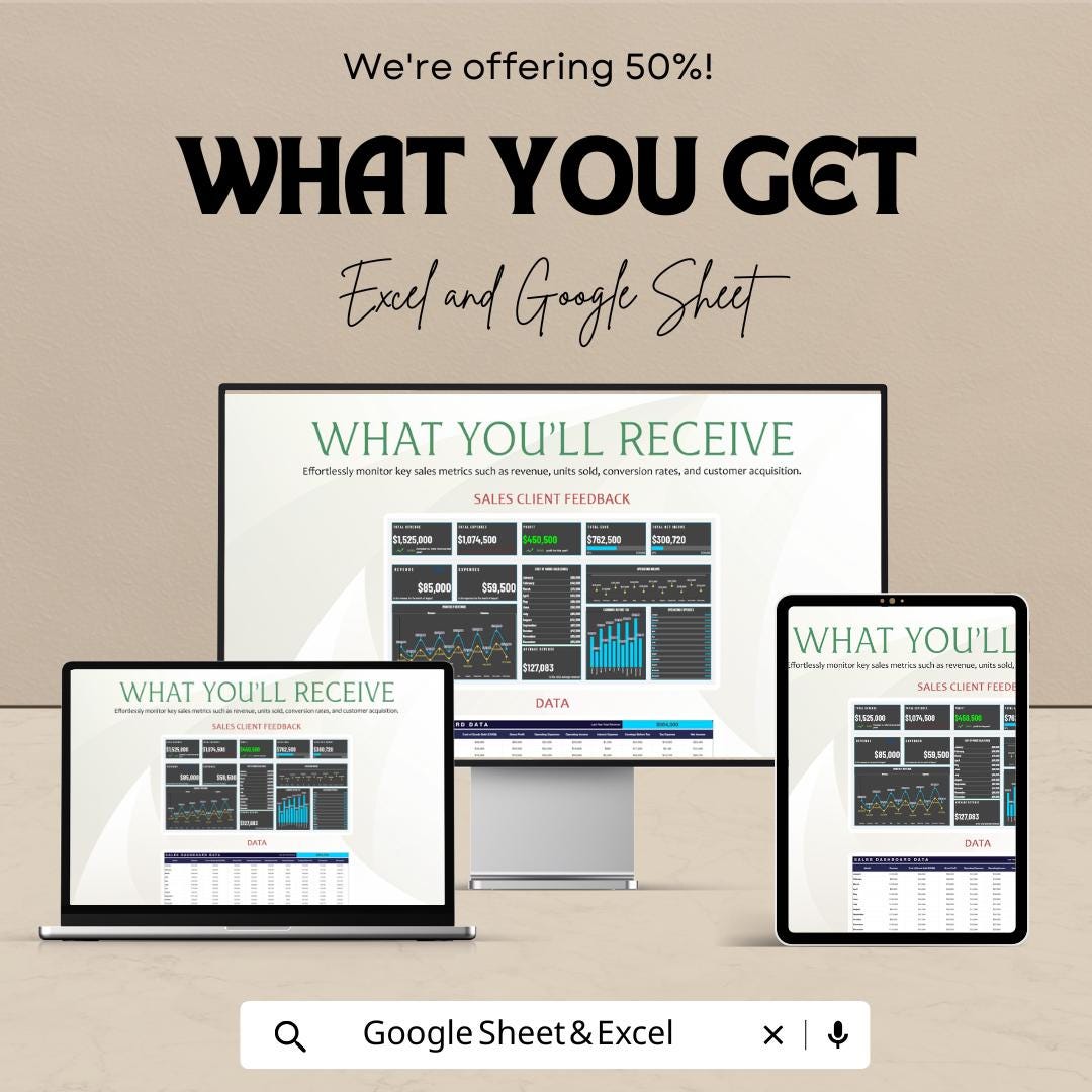 Sales Monthly Dashboard | Excel & Google Sheets | Track Revenue, Expenses, Profit | Business Finance Tracker | KPI Spreadsheet