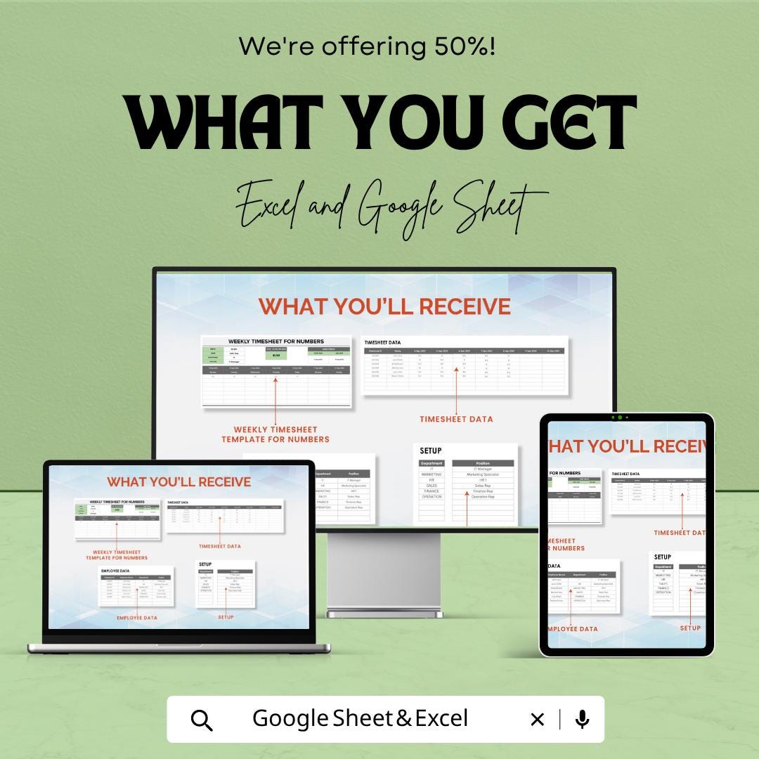 Weekly Timesheet Template for Numbers | Employee Timesheet Spreadsheet | Weekly Work Hours Tracker | Payroll Time Log Sheet