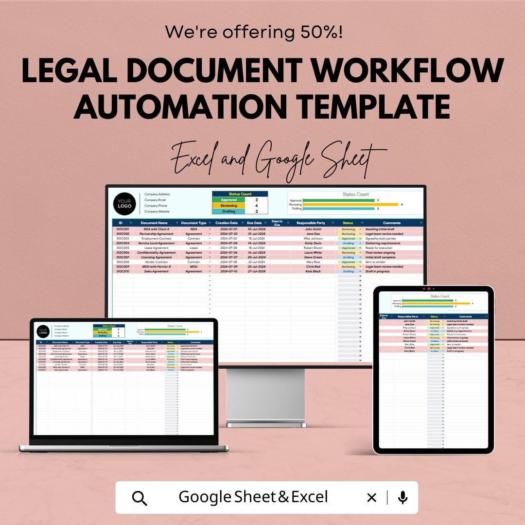 Legal Document Workflow Automation Template, Contract & Agreement Tracker, Law Firm Document Manager