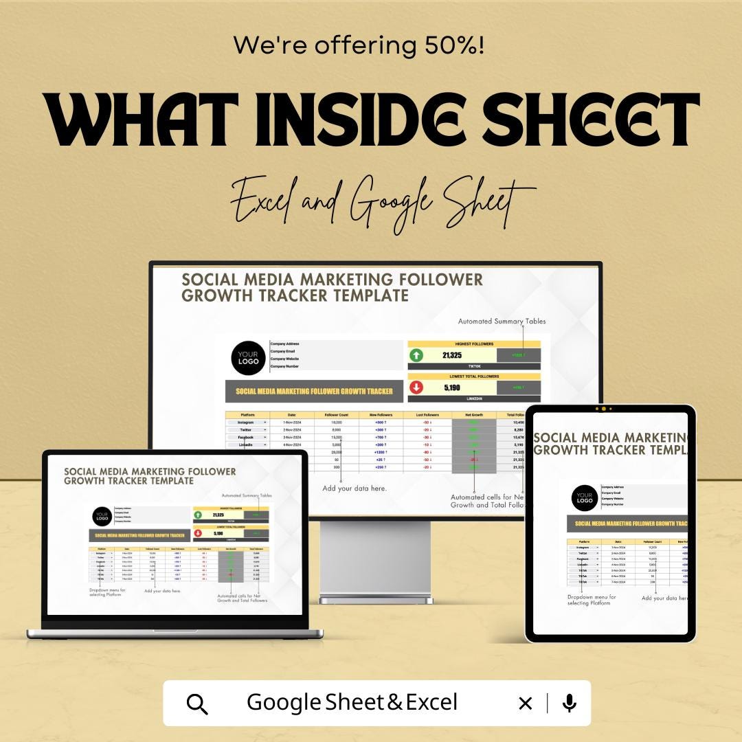 Social Media Marketing Follower Growth Tracker Template | Analytics Dashboard | Social Media KPI Tracker | Digital Download
