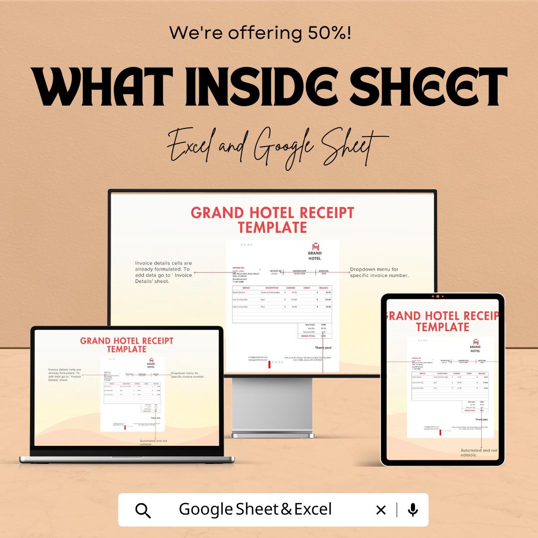 Grand Hotel Receipt Template | Editable Invoice Sheet for Hotels | Excel & Google Sheets | Instant Download