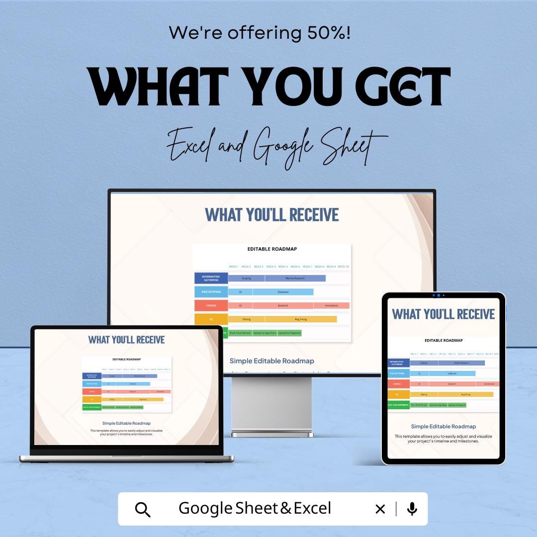 Simple Editable RoadMap Sheet | Excel and Google Sheets Template | Project Planning & Task Management | Weekly Tracker