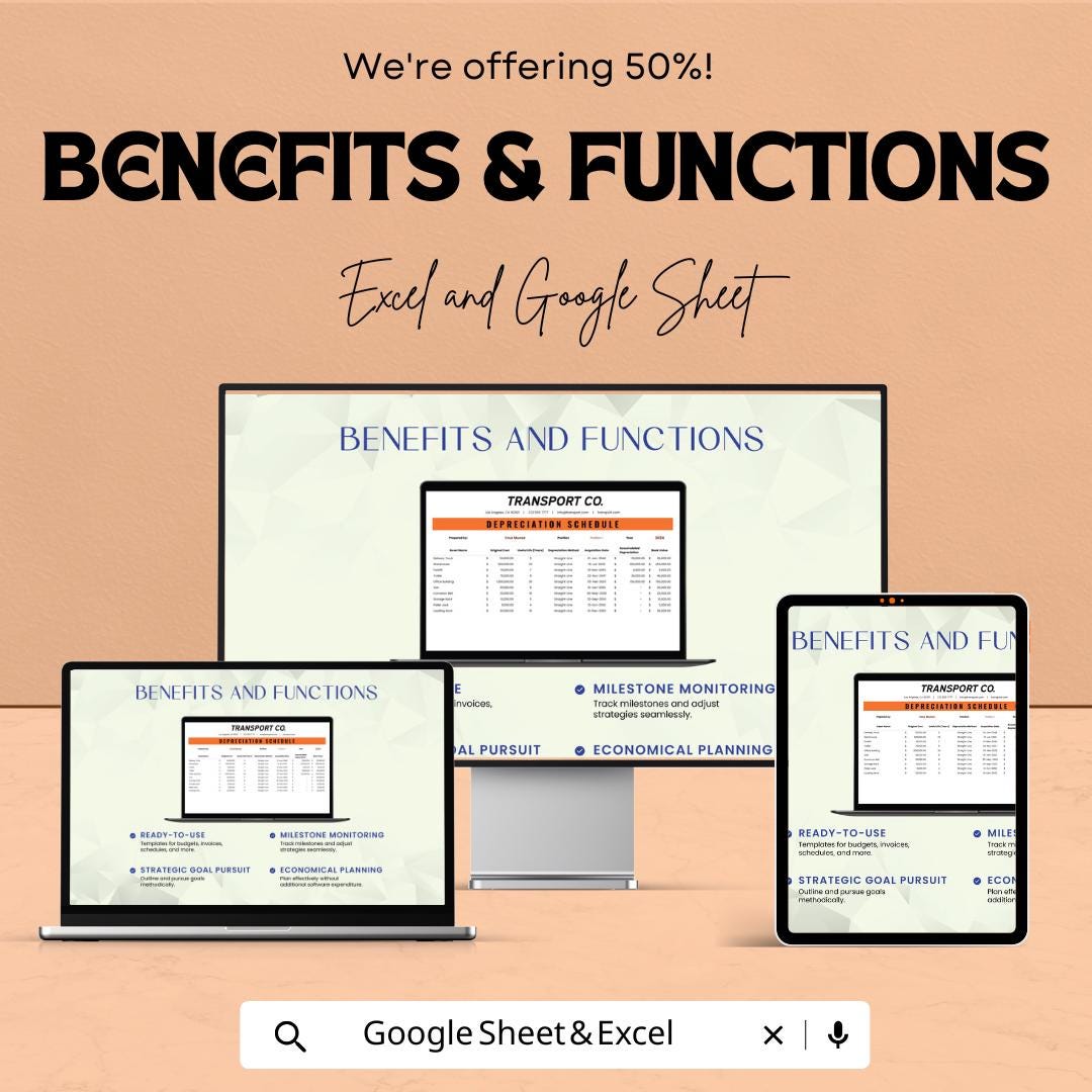 Transport & Logistics Depreciation Schedule Sheet | Excel and Google Sheet Template | Fleet Asset Tracker | Editable Financial Log
