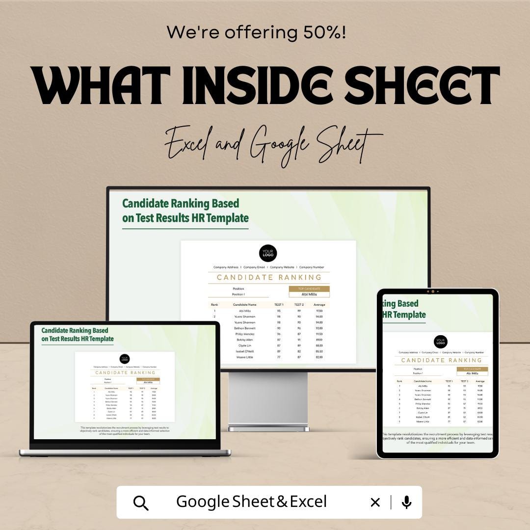 Candidate Ranking HR Template  | Test Results Ranking Spreadsheet | Hiring Evaluation Tracker | Recruitment Candidate Scorecard