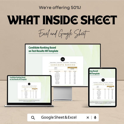 Candidate Ranking HR Template  | Test Results Ranking Spreadsheet | Hiring Evaluation Tracker | Recruitment Candidate Scorecard