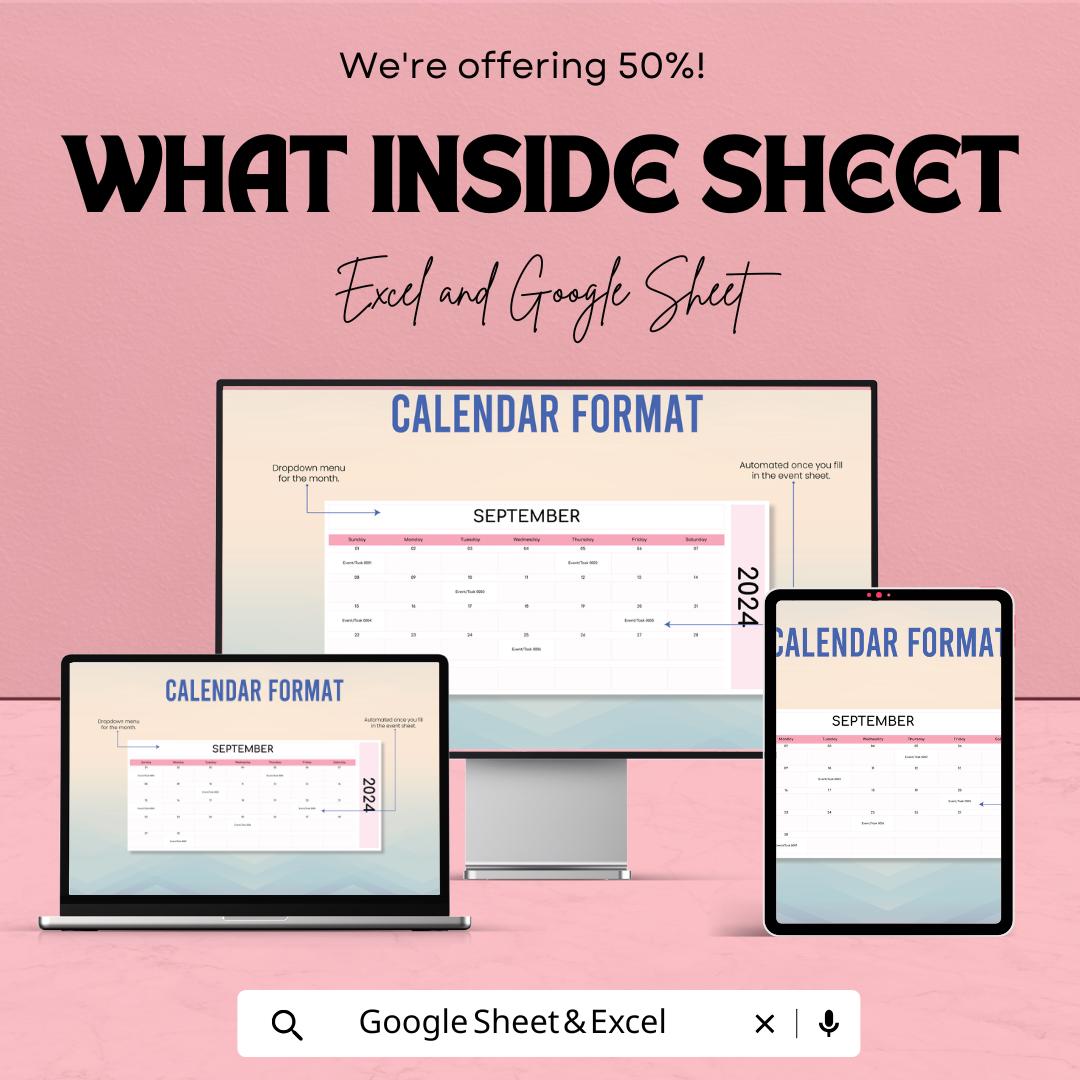 Calendar Format Template | Editable Google Sheets & Excel Calendar | Monthly Planner Template | Printable Calendar Format Sheet |