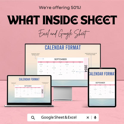 Calendar Format Template | Editable Google Sheets & Excel Calendar | Monthly Planner Template | Printable Calendar Format Sheet |