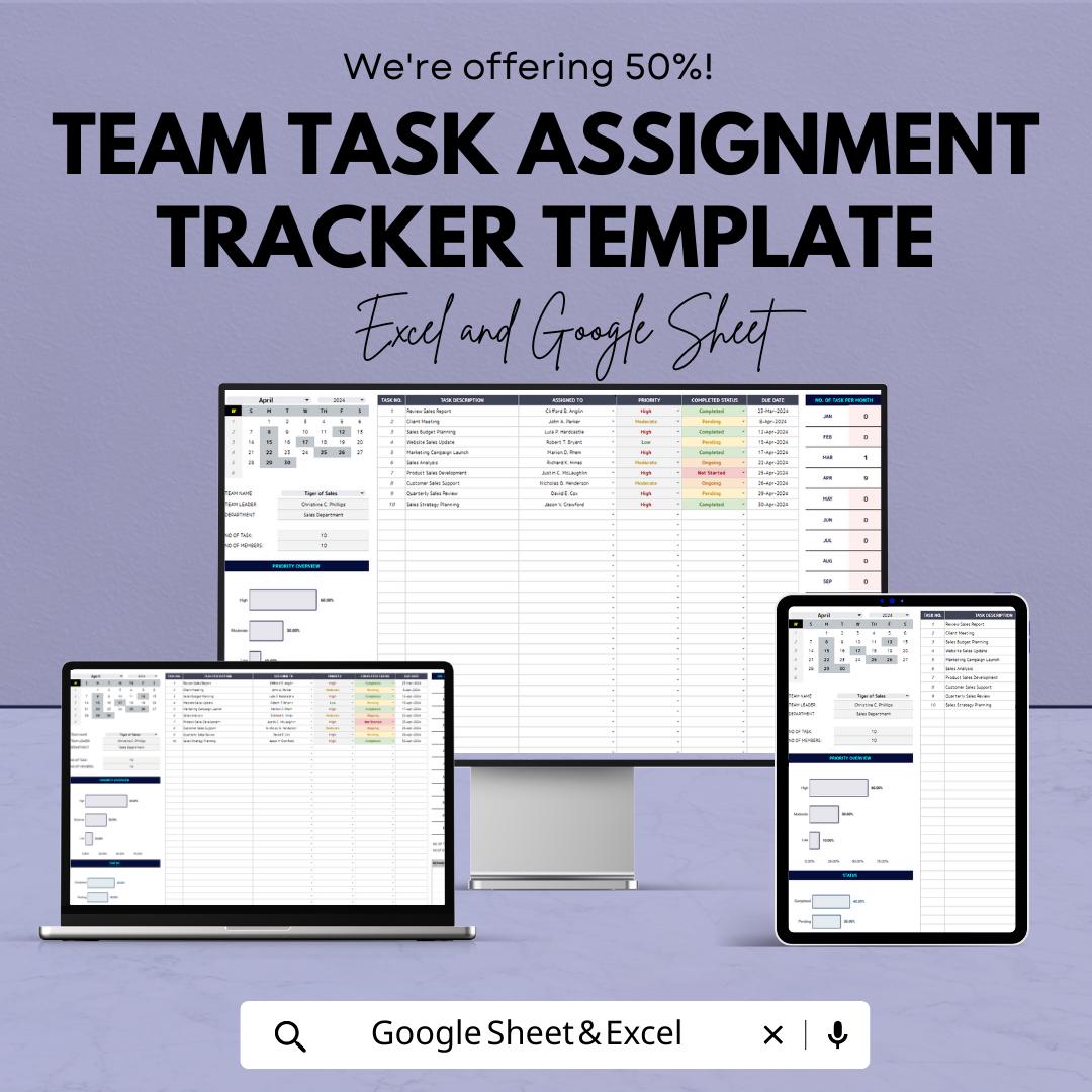Team Task Assignment Tracker Template | Excel and Google Sheets Task Manager | Project & Team Productivity Dashboard