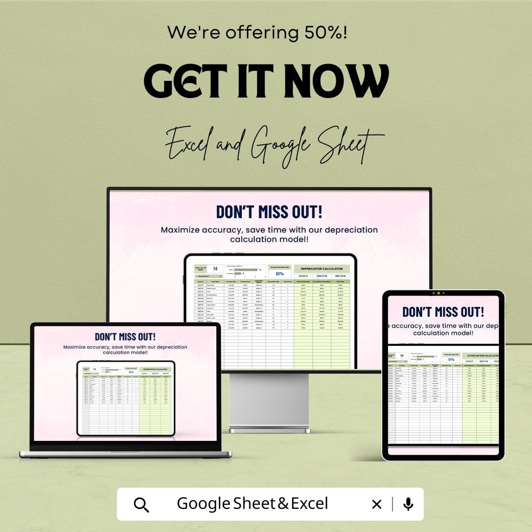 Accounting Depreciation Calculation Model Template | Asset Depreciation Calculator | Finance Spreadsheet | Accounting Template