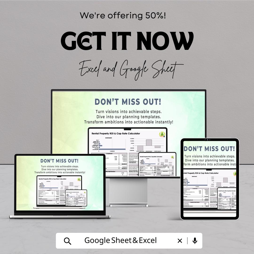 Rental Property ROI & Cap Rate Calculator | Excel and Google Sheets Real Estate Investment Analyzer | Cash Flow and Return Spreadsheet
