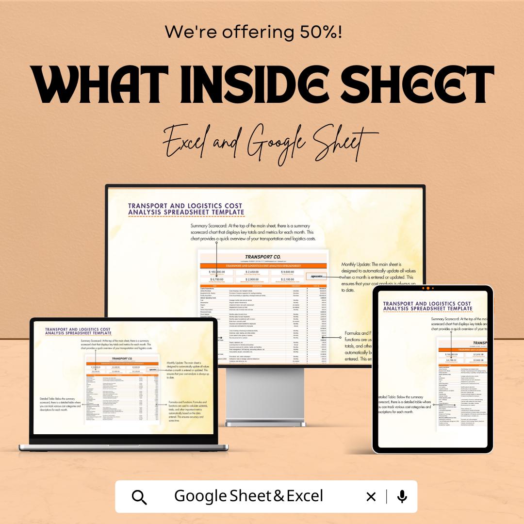Transport and Logistics Cost Analysis Spreadsheet Template | Excel & Google Sheets | Logistics Cost Tracking Dashboard