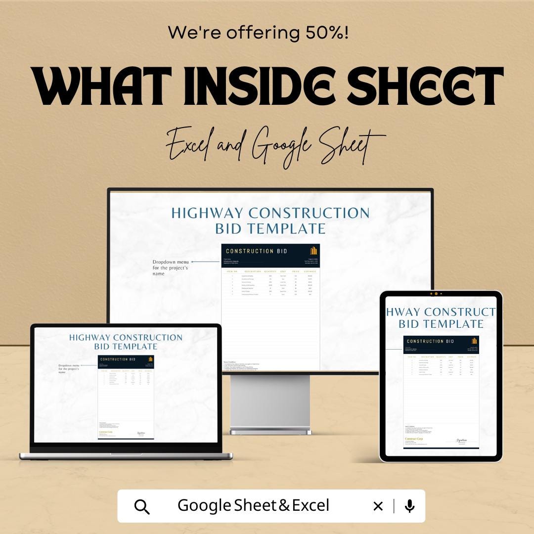 Highway Construction Bid Template | Road Construction Bid Spreadsheet | Contractor Bid Proposal Template |  Construction Estimate