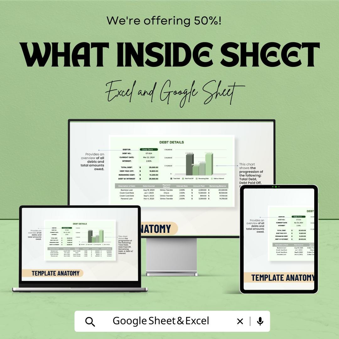 Debt Inventory Sheet | Excel and Google Sheets Template for Debt Management | Debt Tracking & Payment Planner | Financial Freedom |