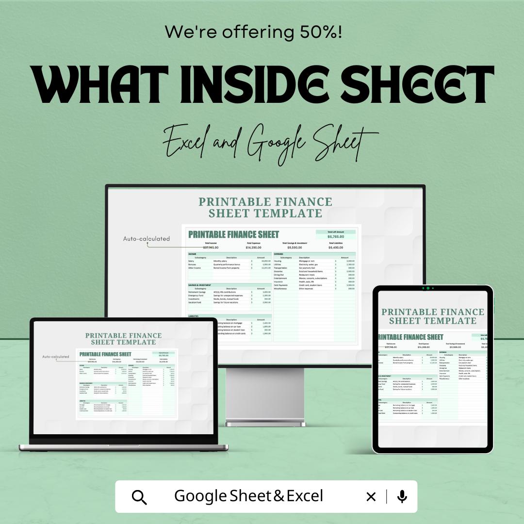 Printable Finance Sheet Template | Income and Expense Tracker | Budget Planner | Savings & Expense Log | Financial Planning Sheet