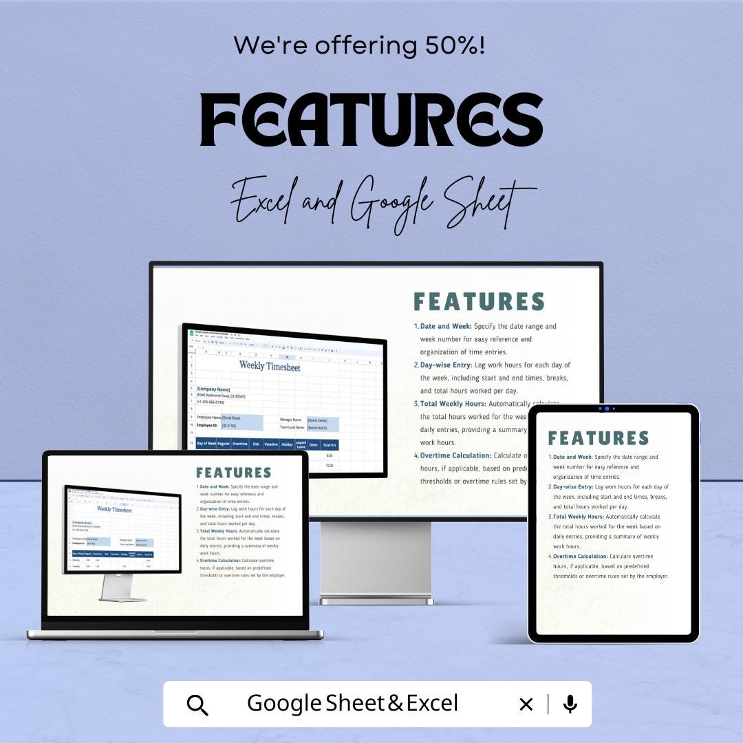 Simple Weekly Timesheet Template for Excel & Google Sheets | Track Work Hours | Instant Download | 50% Off
