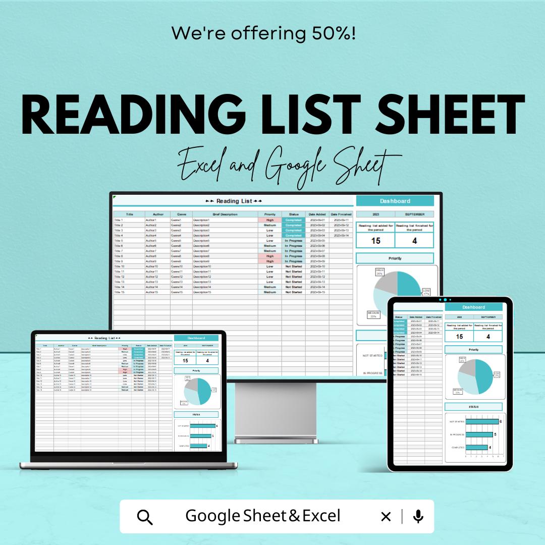 Reading List Sheet | Excel & Google Sheets | Book Tracker Dashboard | Reading Log Template | Digital Reading Planner