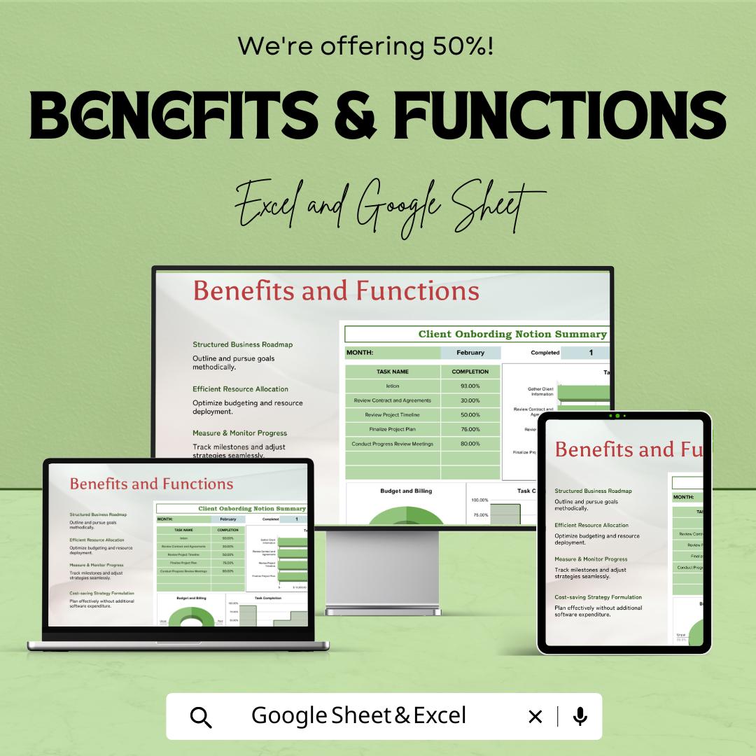 Client Onboarding Notion Dashboard Sheet | Excel and Google Sheets | Project Management Tool | Budgeting & Task Tracking