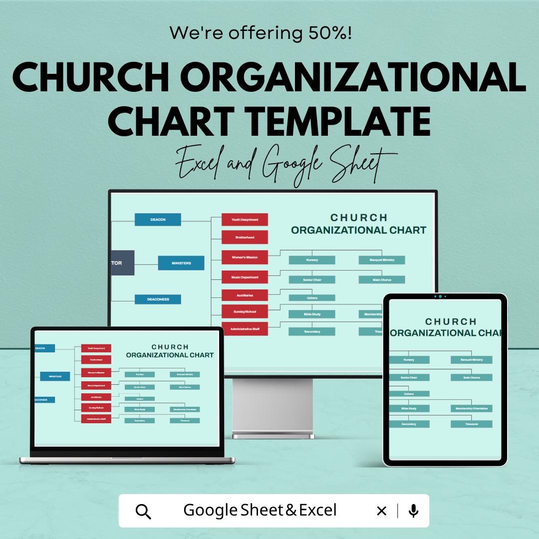 Church Organizational Chart Template | Ministry Structure Chart | Church Leadership Planner | Excel & Google Sheets Org Chart |