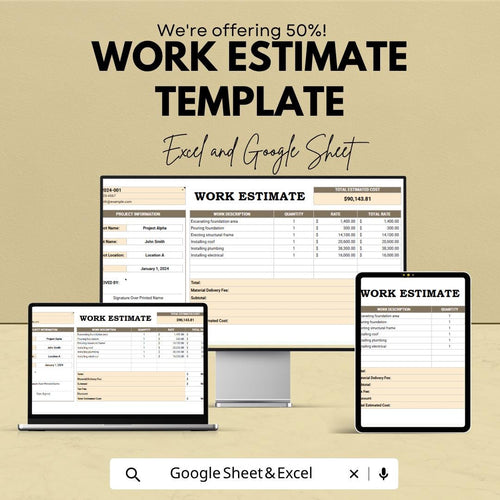 Work Estimate Template Excel Google Sheets | Construction Estimate Template | Job Costing Spreadsheet | Editable Business Estimate Invoice