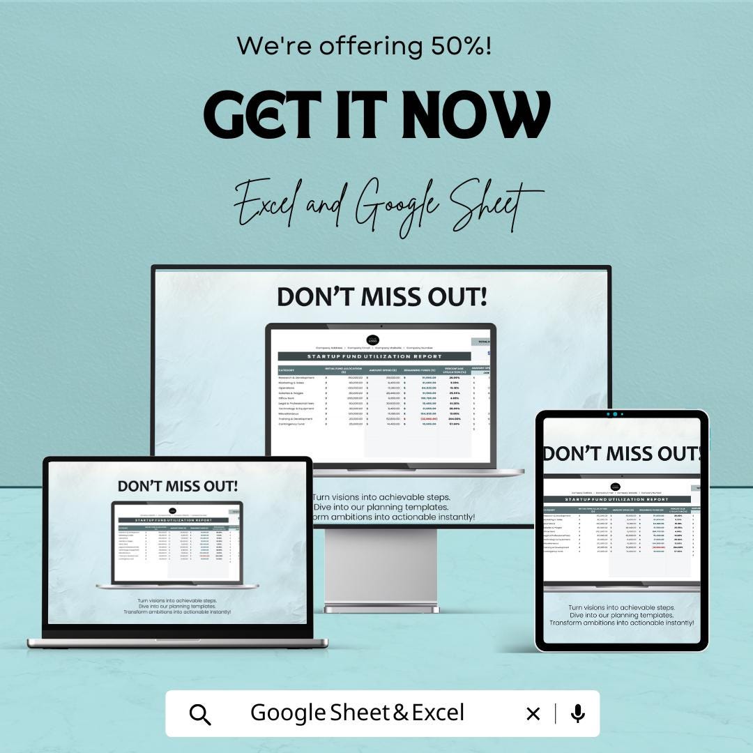 Startup Fund Utilization Report Template | Excel & Google Sheets | Startup Budget Tracker | Business Expense Report | Investor Fund Tracking