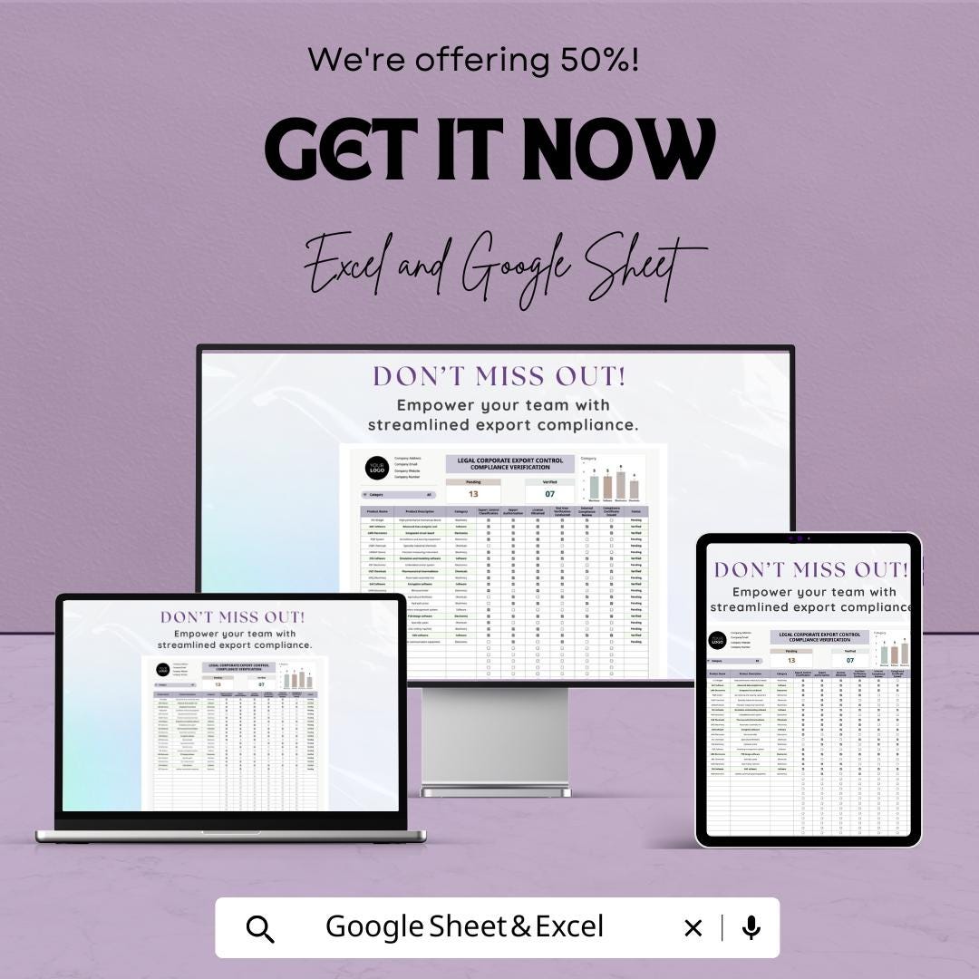 Export Control Compliance Template, Corporate Compliance Tracker, Legal Verification Spreadsheet, Trade Compliance Log