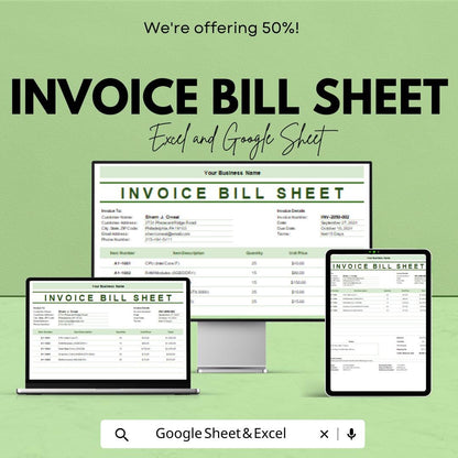 Invoice Bill Sheet for Small Business | Professional Invoice Template | Excel and Google Sheet | Customizable Billing Template