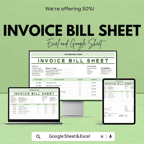 Invoice Bill Sheet for Small Business | Professional Invoice Template | Excel and Google Sheet | Customizable Billing Template