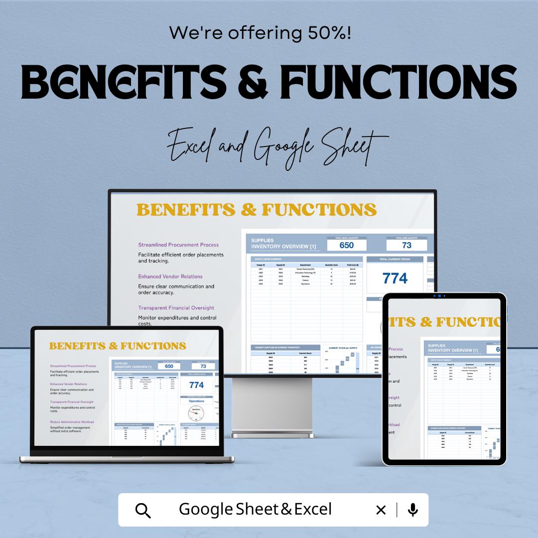 Supplies Inventory Sheet - Excel and Google Sheet Template for Real-Time Stock Tracking, Inventory Management & Reporting