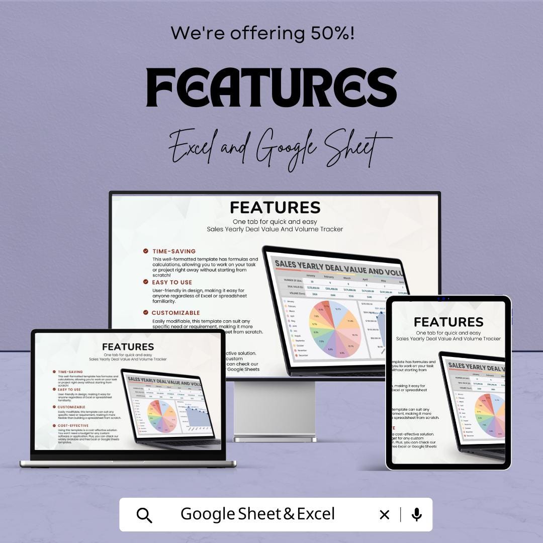 Sales Yearly Deal Value and Volume Tracker | Sales Deal Management | Excel & Google Sheets Template | Sales Performance Tracker | 50% Off