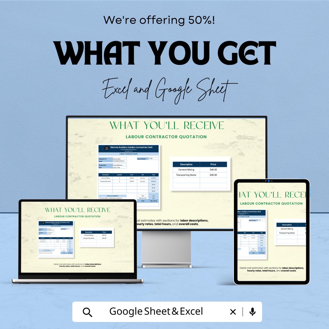 Labour Contractor Quotation Sheet | Editable Excel & Google Sheets | Construction Estimate Template | Contractor Invoice | Instant Download