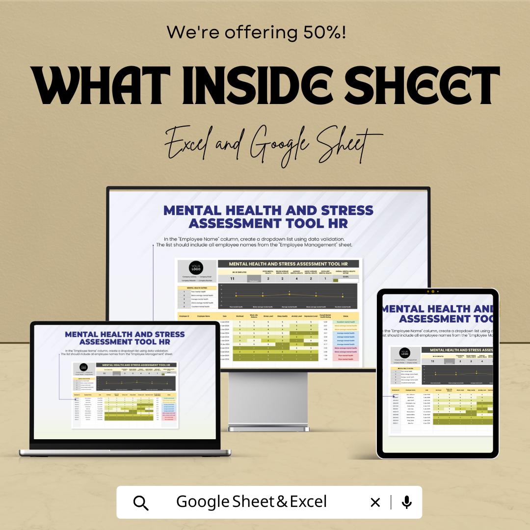 Mental Health and Stress Assessment Tool | HR Template for Excel & Google Sheets | Employee Wellbeing Tracker | HR Dashboard