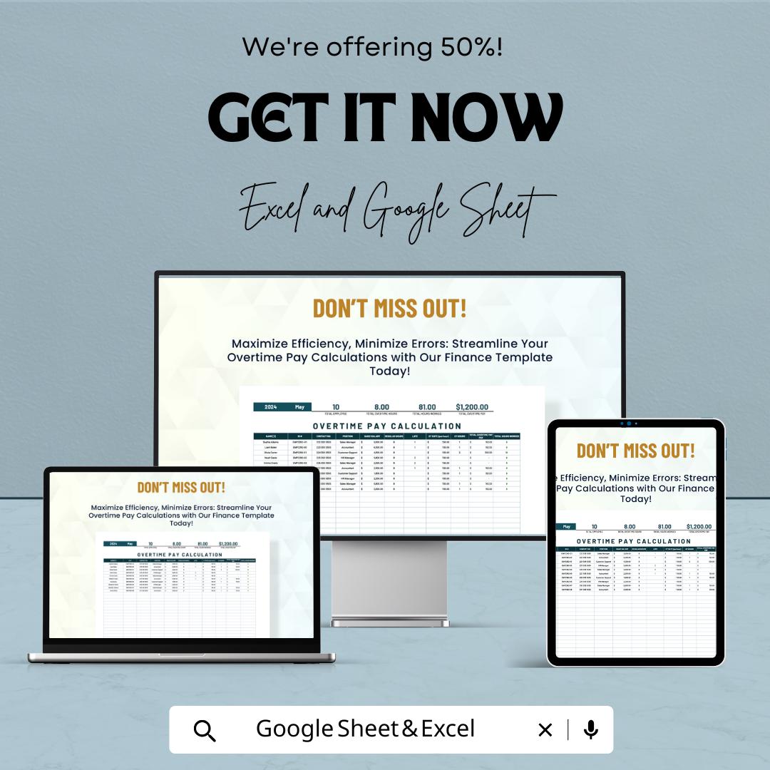 Finance Overtime Pay Calculation Template | Employee Hours Tracker | Automated Overtime Calculator | Payroll Spreadsheet