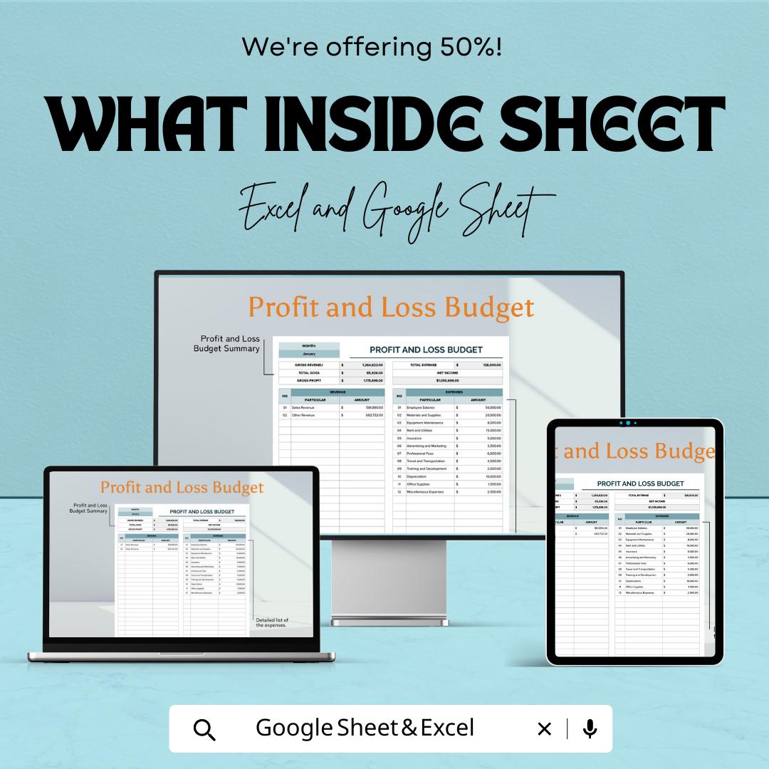 Profit and Loss Budget Template | P&L Statement Spreadsheet | Business Budget Planner | Excel and Google Sheets