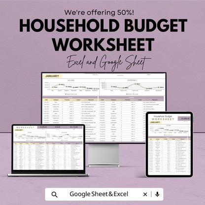 Household Budget Worksheet | Google Sheets Template for Tracking Income, Expenses, and Financial Goals | Easy to Use & Customizable