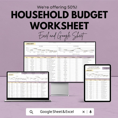 Household Budget Worksheet | Google Sheets Template for Tracking Income, Expenses, and Financial Goals | Easy to Use & Customizable