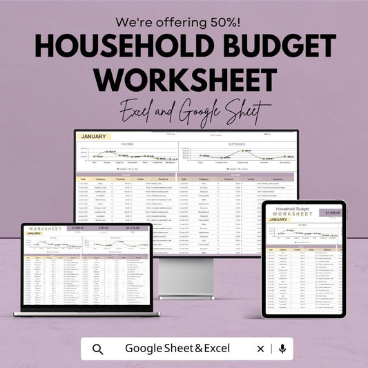 Household Budget Worksheet | Google Sheets Template for Tracking Income, Expenses, and Financial Goals | Easy to Use & Customizable