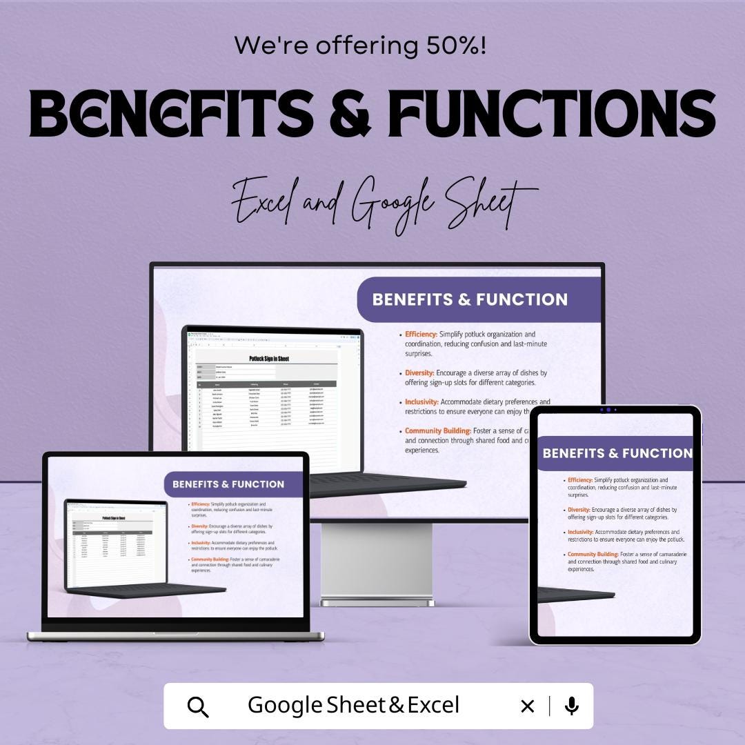 Potluck Sign In Sheet Template for Excel AND Google Sheets | Editable Food List Tracker | Event Signup & Meal Planner