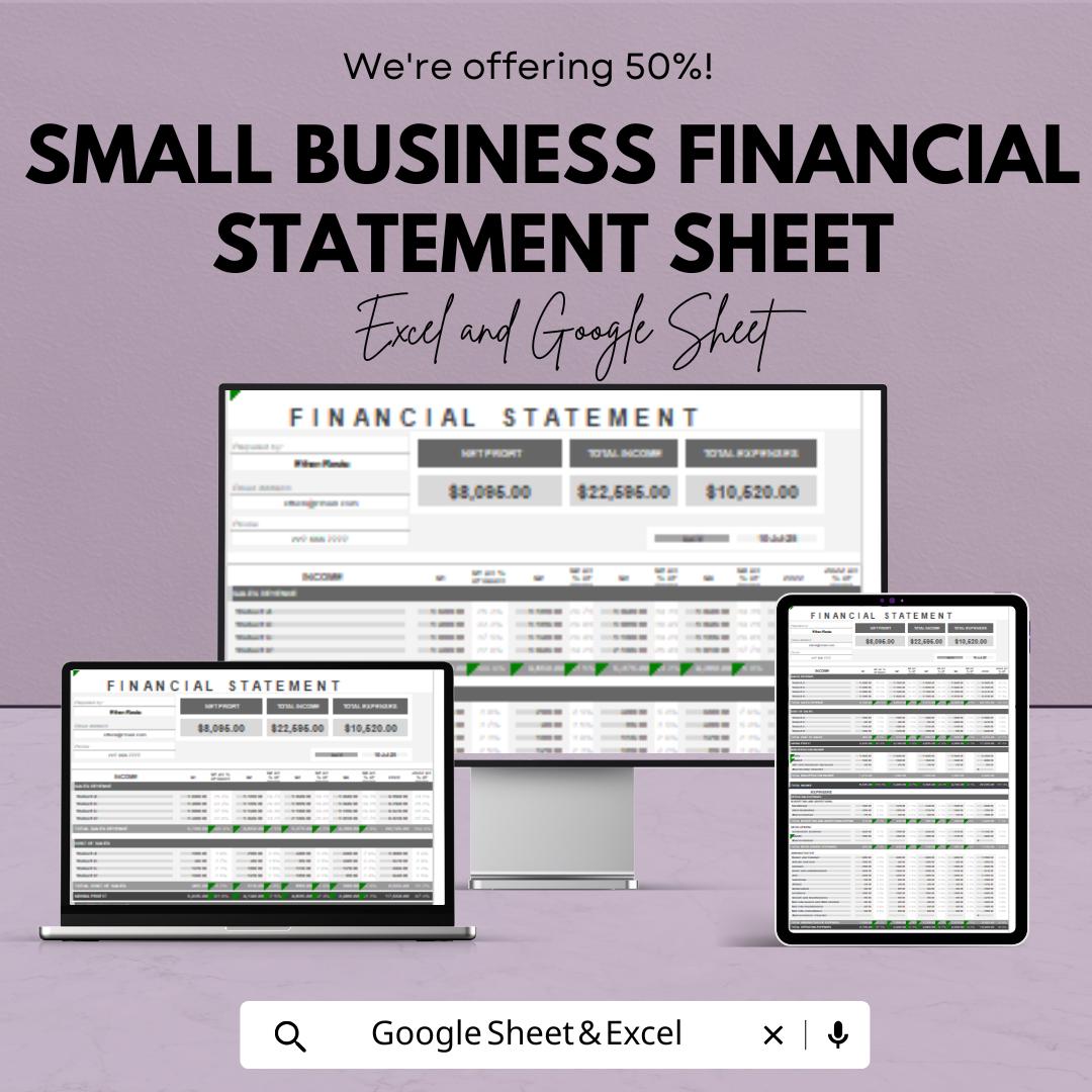 Small Business Financial Statement Template - Income, Expense & Cash Flow - Excel and Google Sheet Template - Financial Management