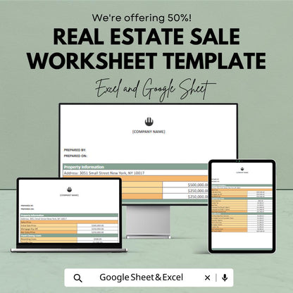 Real Estate Sale Worksheet Template | Property Sale Tracker | Closing Cost Calculator | Real Estate Commission Spreadsheet
