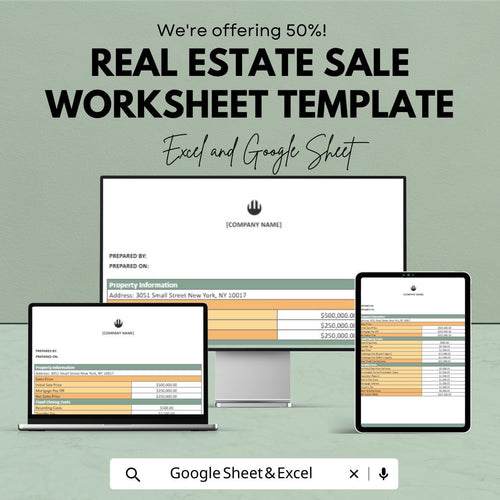 Real Estate Sale Worksheet Template | Property Sale Tracker | Closing Cost Calculator | Real Estate Commission Spreadsheet