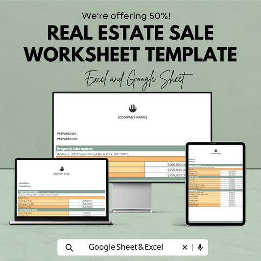 Real Estate Sale Worksheet Template | Property Sale Tracker | Closing Cost Calculator | Real Estate Commission Spreadsheet