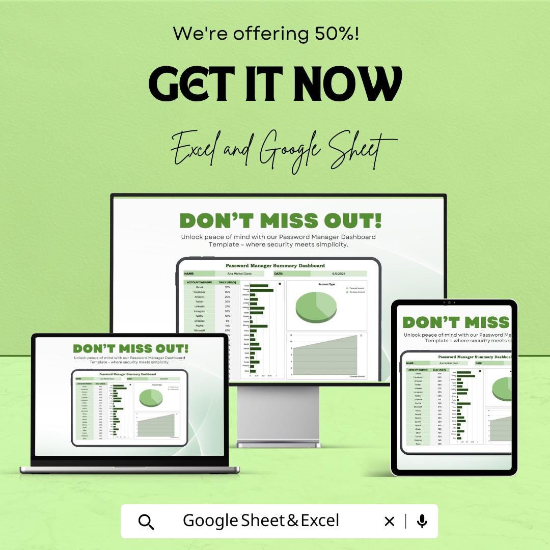 Password Manager Dashboard Excel and Google Sheet | Track Account Usage, Security Status & Password Health | Customizable Template