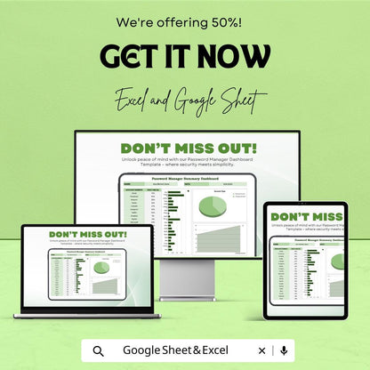 Password Manager Dashboard Excel and Google Sheet | Track Account Usage, Security Status & Password Health | Customizable Template