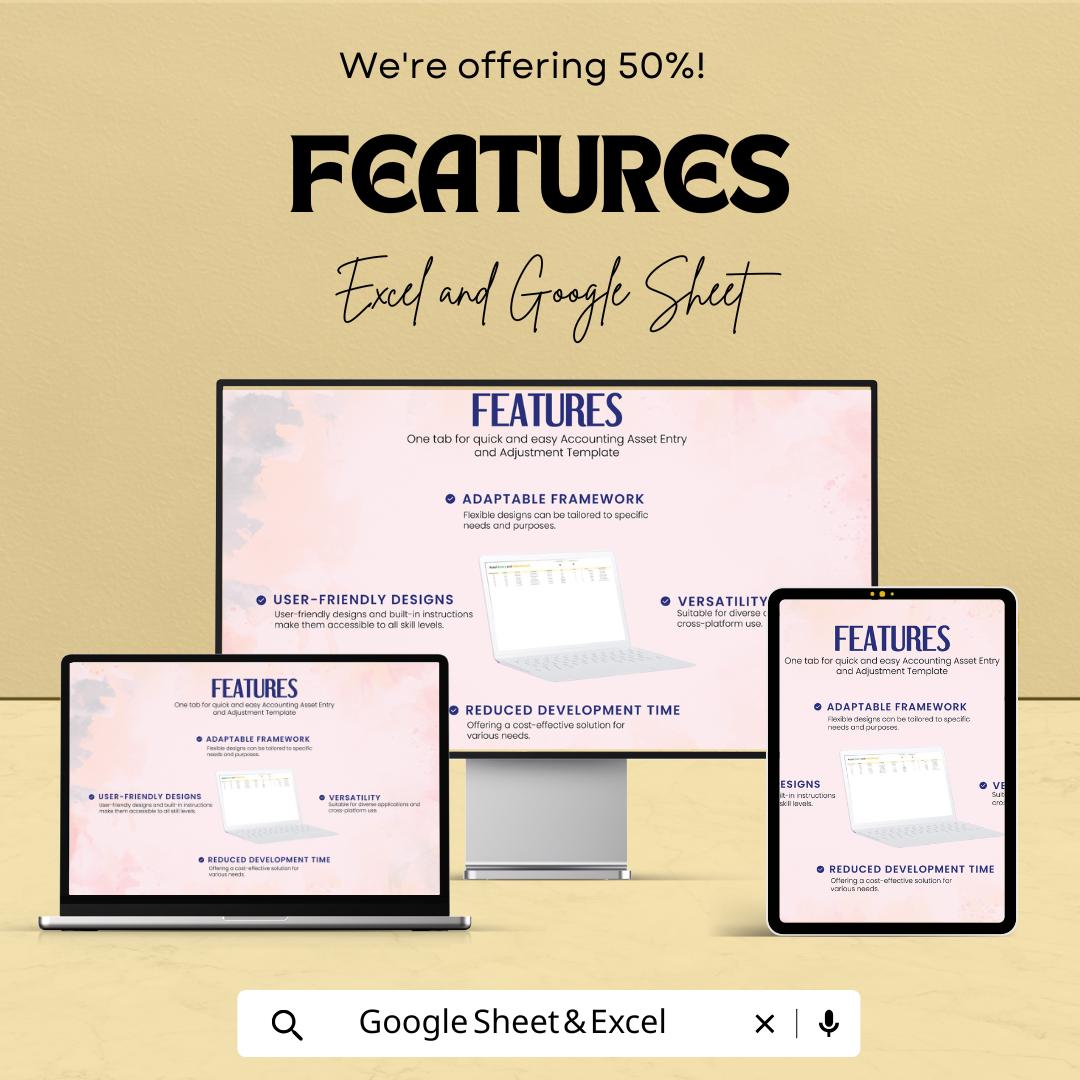 Accounting Asset Entry and Adjustment Template | fixed Asset Register | Google Sheets and Excel Template | Finance & Accounting Tool