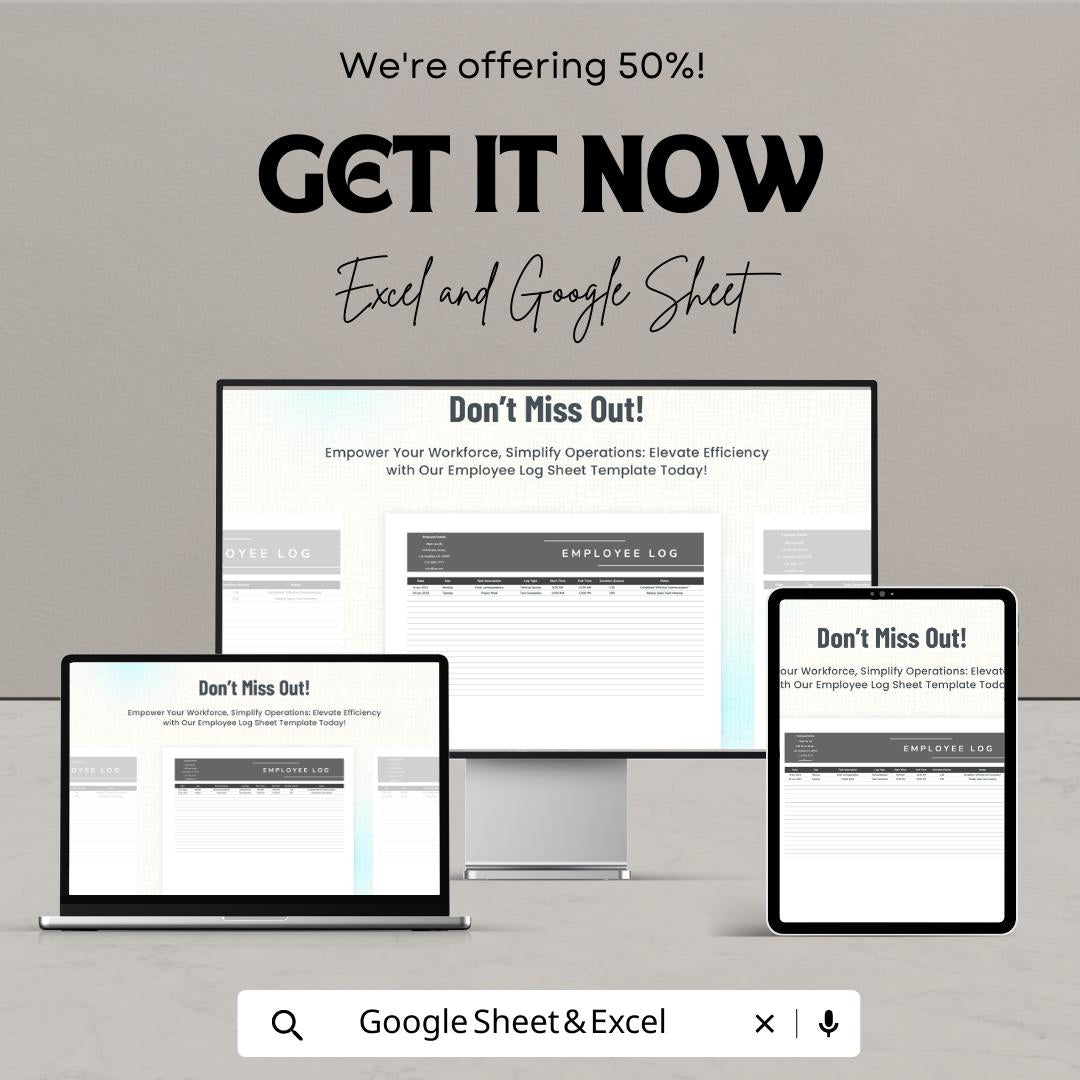 Employee Log Sheet Template Excel, Work Hours Tracker, Staff Daily Log, Attendance and Task Tracker, Google Sheets HR Spreadsheet
